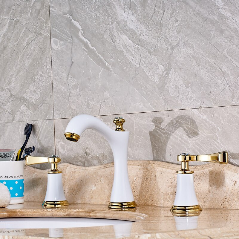 3 Hole Bathroom Sink Faucet
 Gold and White Widespread 3pcs Bathroom Sink Faucet Dual