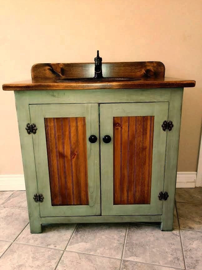 36 Inch Rustic Bathroom Vanity
 Country Pine Bathroom Vanity with Hammered Copper Sink 36