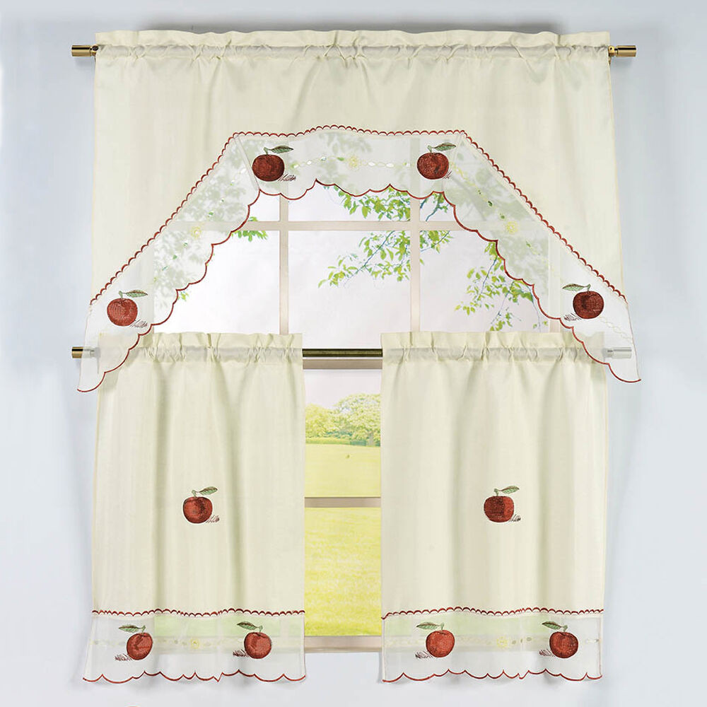 Apple Curtains For Kitchen
 3 Piece Ivory Embroidered Apple Time Kitchen Curtain Set