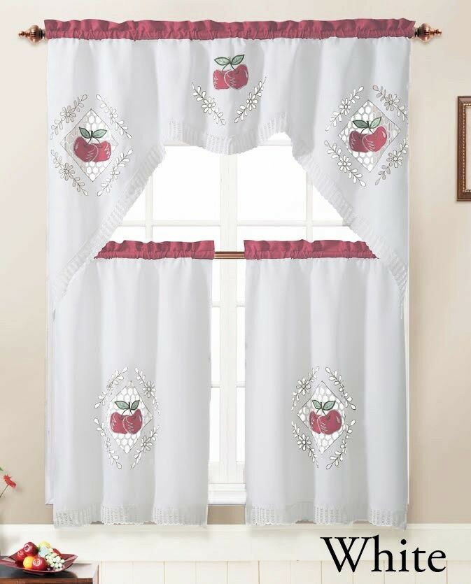 Apple Curtains For Kitchen
 3 Piece Kitchen Window Curtain Set with Embroidered Apple