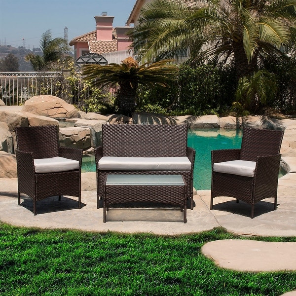 Backyard Furniture Sets
 Shop BELLEZE 4Pcs Rattan Patio Set Furniture 2 Chairs 1