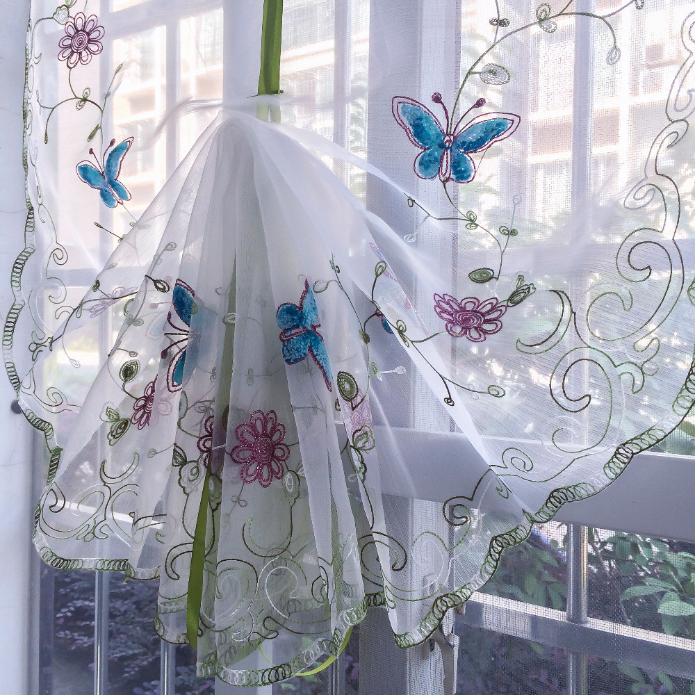 Balloon Curtains For Kitchen
 Organza wool embroidery Blue butterfly Pattern Balloon