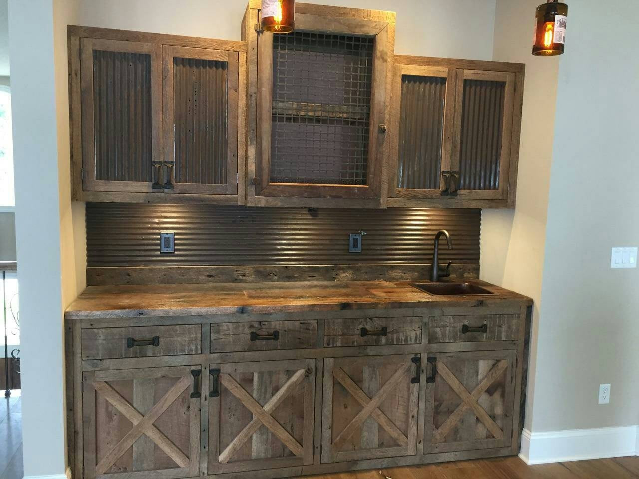 barn wood on top of wall kitchen cabinet