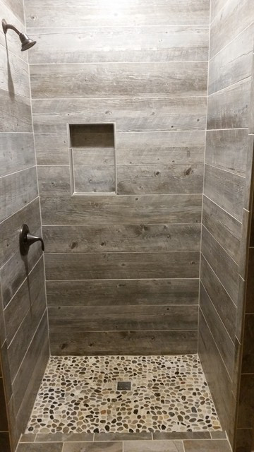 Barnwood Tile Bathroom
 Barnwood Tile Shower with pebble base Rustic Bathroom
