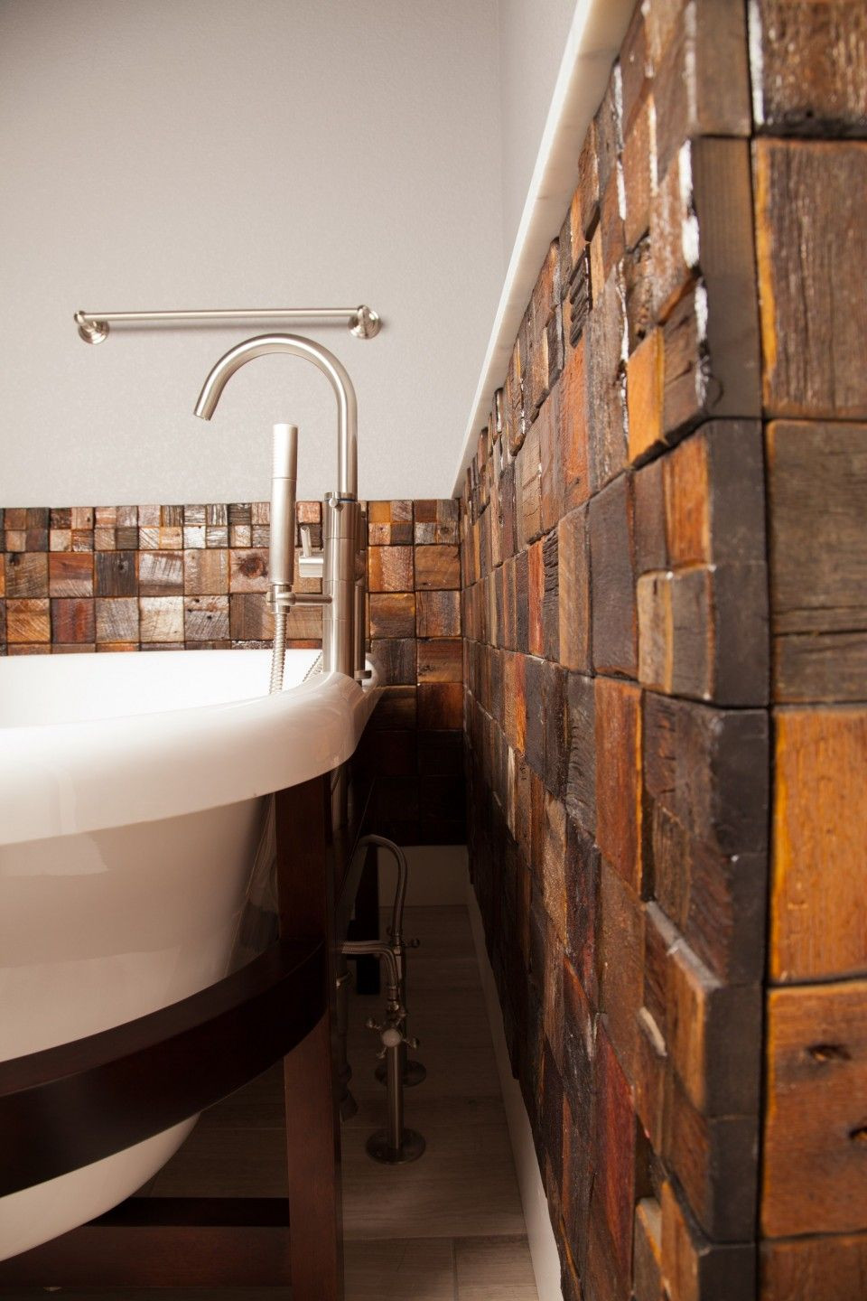 Barnwood Tile Bathroom
 Reclaimed Barnwood used as a backsplash for a free