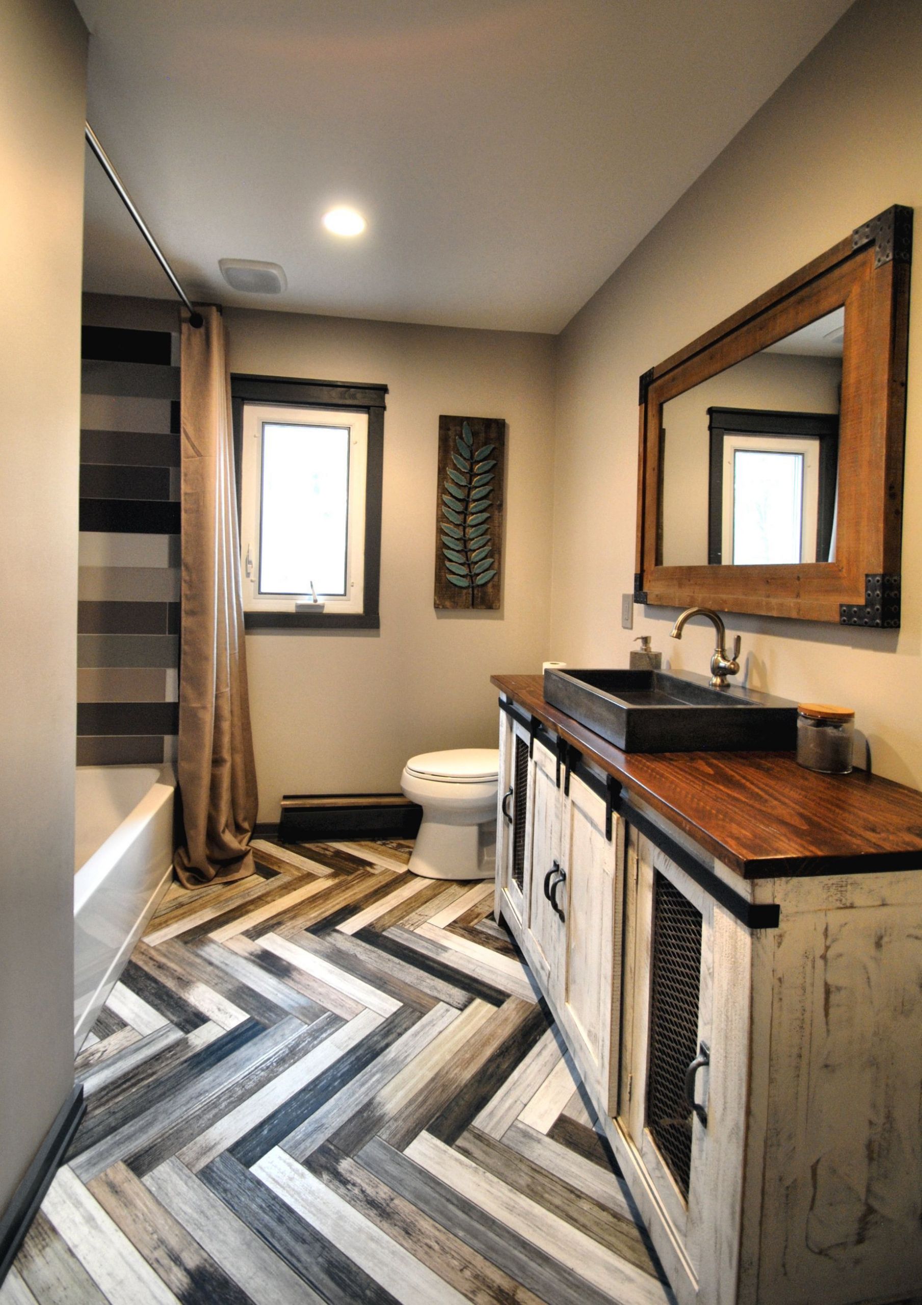 Barnwood Tile Bathroom
 Herringbone Bath Floor Reclaimed wood Vanity multi colored