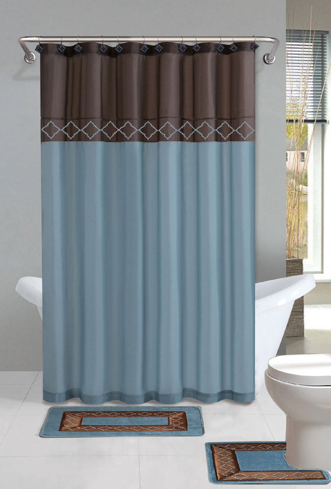 Bathroom Sets With Shower Curtain
 Brown Blue Modern Shower Curtain 15 Pcs Bath Rug Mat