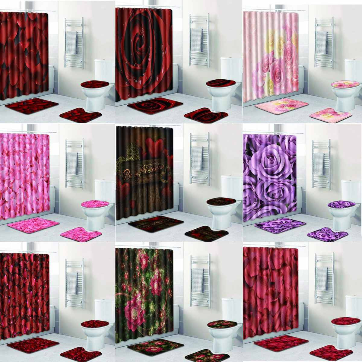 Bathroom Sets With Shower Curtain
 4pcs Flowers Shower Curtains Waterproof Fabric Bathroom