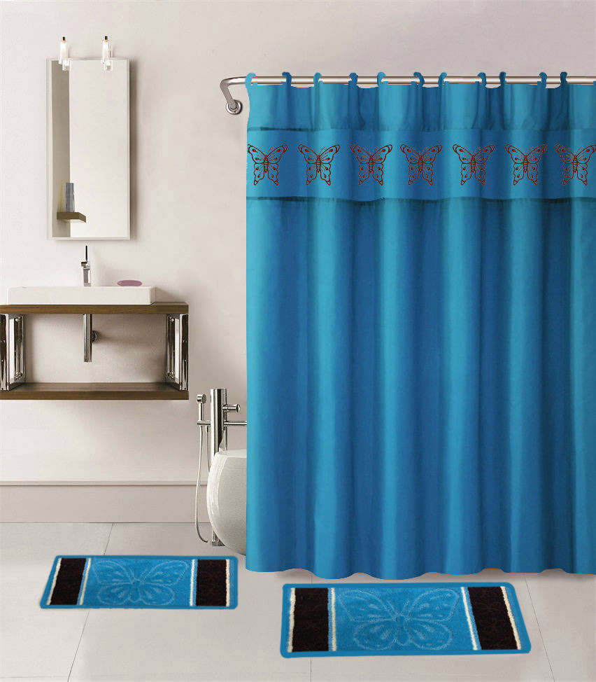 Bathroom Sets With Shower Curtain
 1 SHOWER CURTAIN FABRIC HOOKS BATHROOM SET BATH MATS