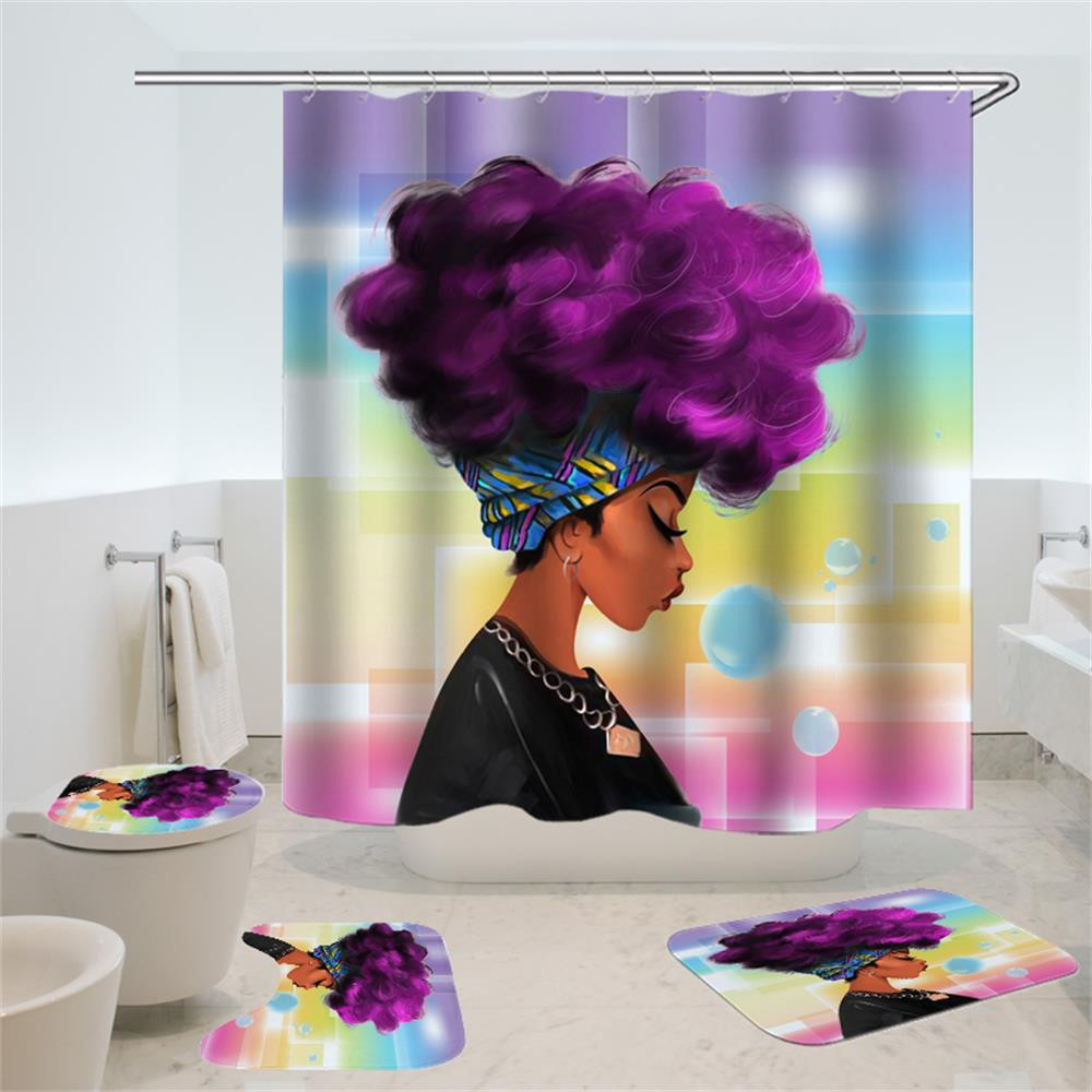 Bathroom Sets With Shower Curtain
 4 Pcs African American Women Shower Curtain Bath Rug Cover