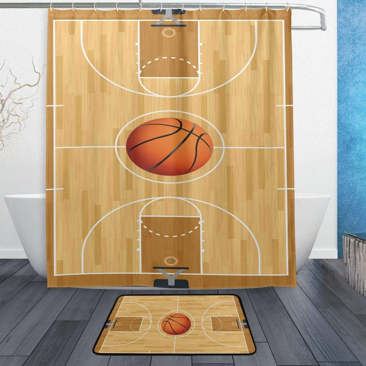 Bathroom Sets With Shower Curtain
 Basketball Court Beige Shower Curtain and Rug Set