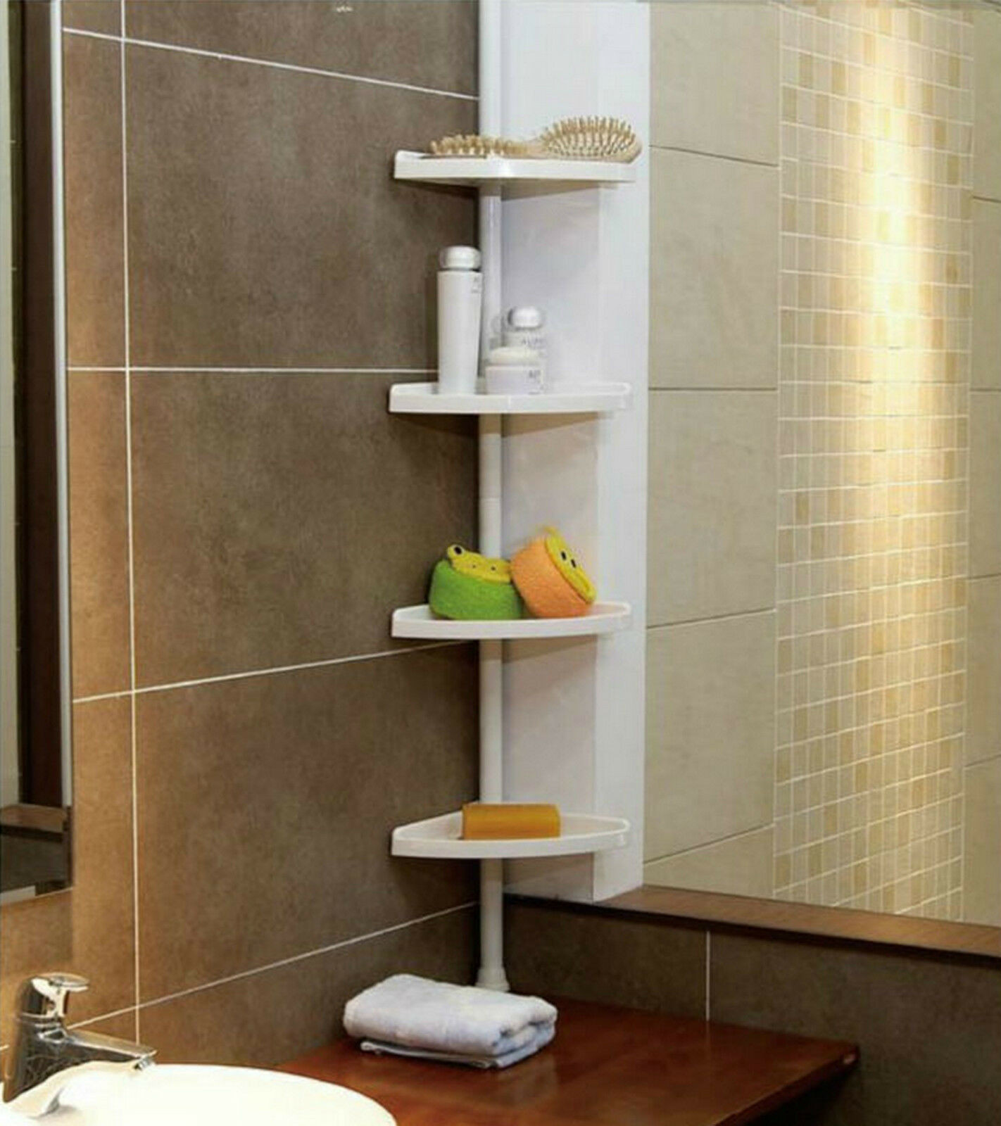 Bathroom Shower Corner Shelves
 WHITE 4 Tier Adjustable Telescopic Corner Shower Bathroom