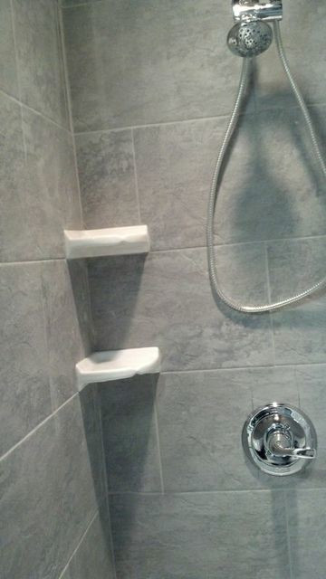 Bathroom Shower Corner Shelves
 Stone Shower with White Corner Shelves Traditional