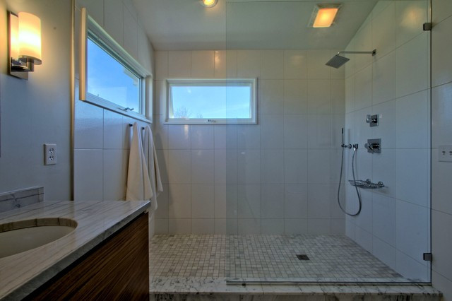 Bathroom Windows Inside Shower
 Open Concept Shower with Glass Partition and No Door