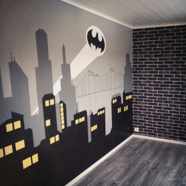 Batman Bedroom Wallpaper
 Bedroom with Gotham City mural and brick wallpaper for the