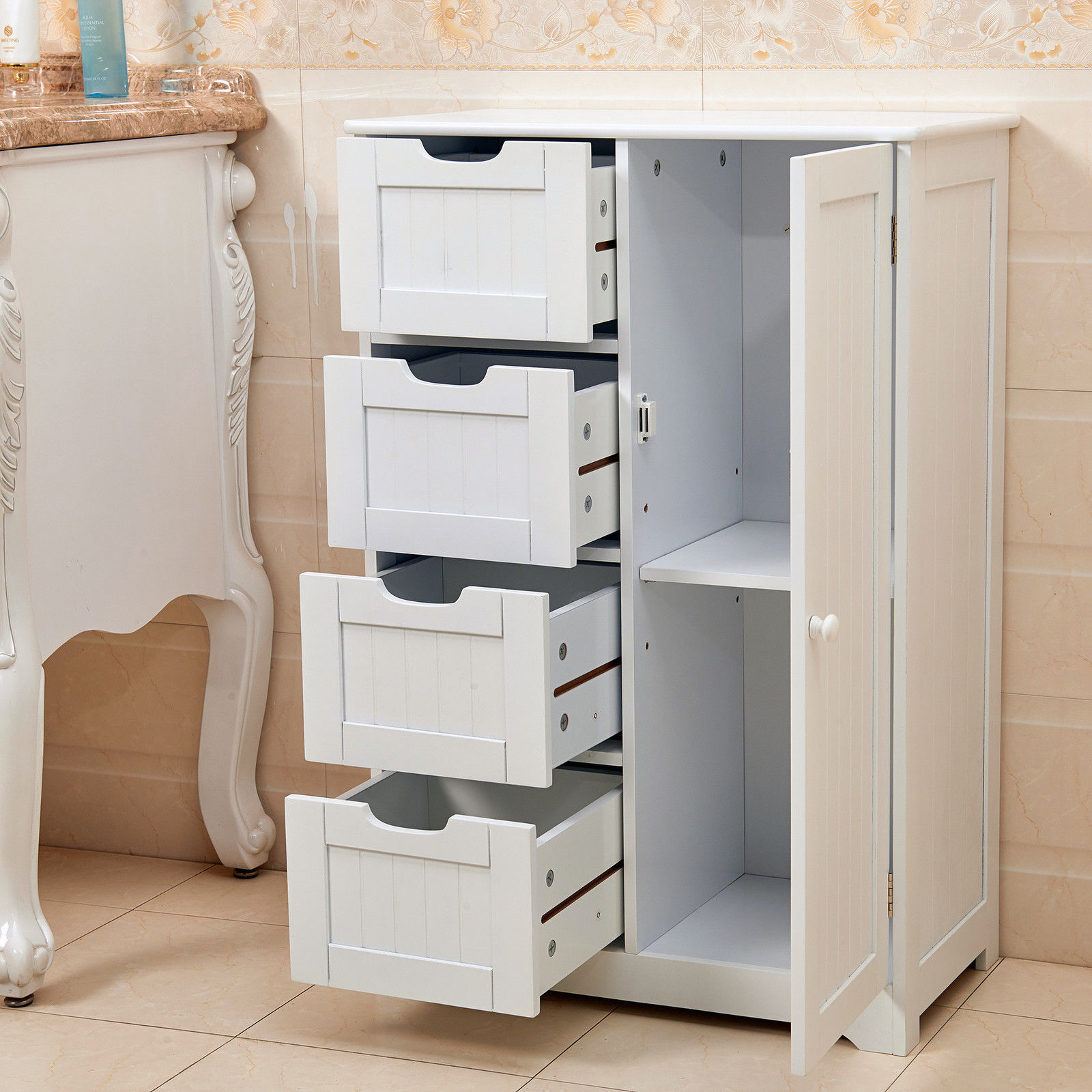 Bedroom Cabinet Storage
 NEW WHITE WOODEN CABINET WITH 4 DRAWERS & CUPBOARD STORAGE