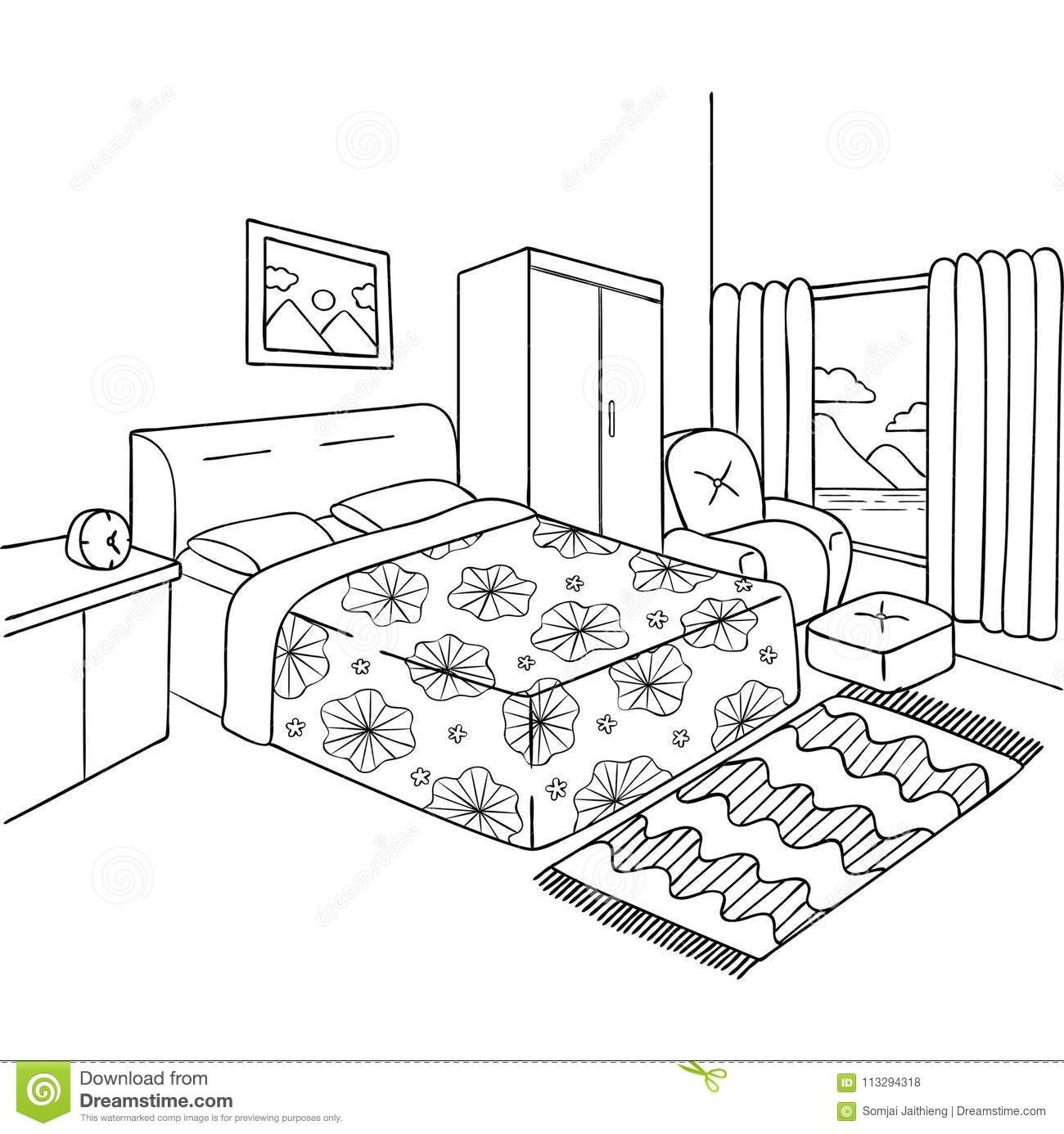 Bedroom Coloring Pages
 Hand Drawn Bedroom For Design Element And Adult
