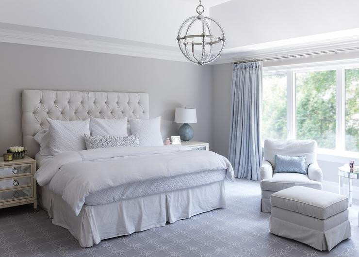 Bedroom Gray Walls
 Gray and Blue Master Bedroom with Blue French Pleat