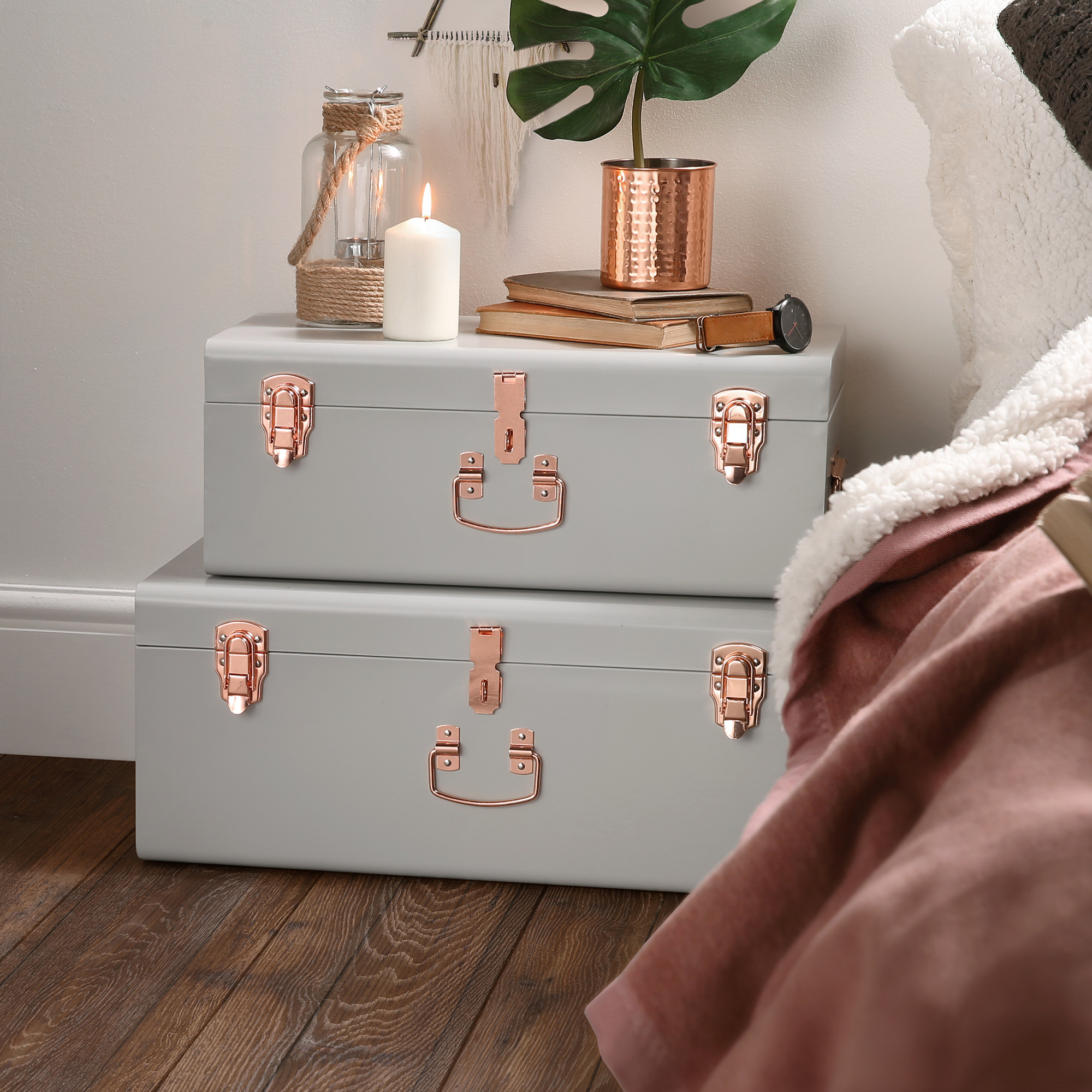 Bedroom Storage Trunk
 Beautify 2 Set Gray Steel Storage Trunk Chest College Dorm