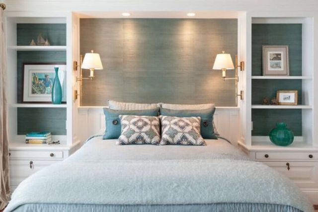 Bedroom Wall Organizer
 Picture transparent shelving units behind the headboard