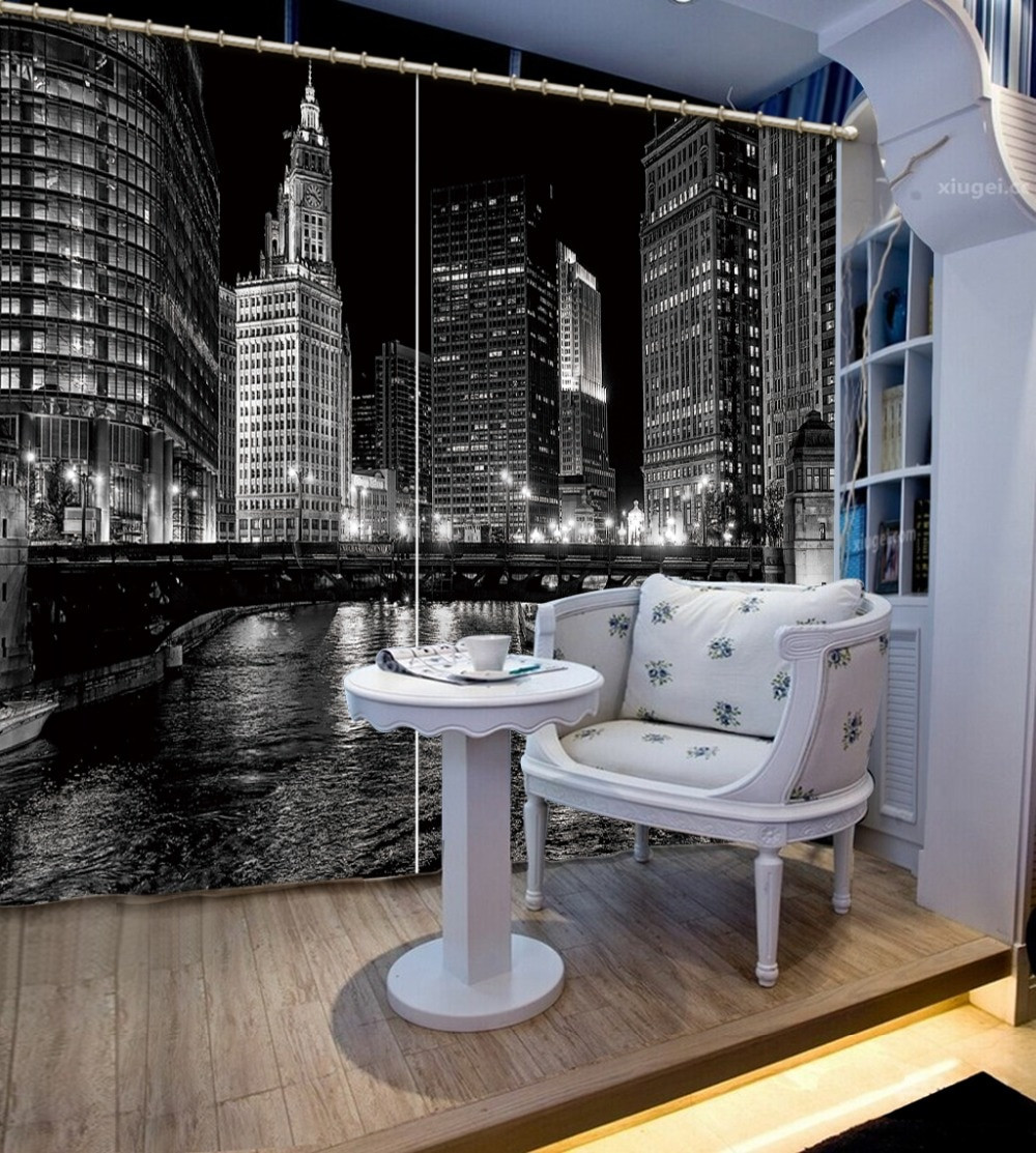 Black Living Room Curtains
 Black and white 3D Curtains City night vew Blackout