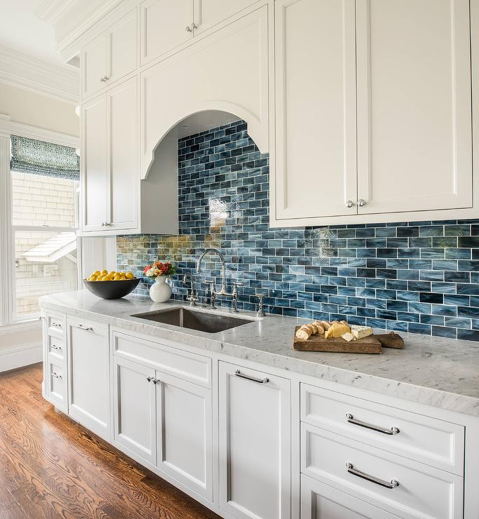 Blue And White Kitchen Tiles
 White KItchen Cabinets with Blue Mini Brick Backsplash