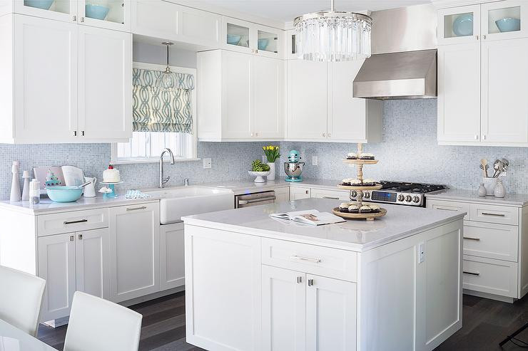 Blue And White Kitchen Tiles
 White Kitchen with Blue Mosaic Tile Backsplash