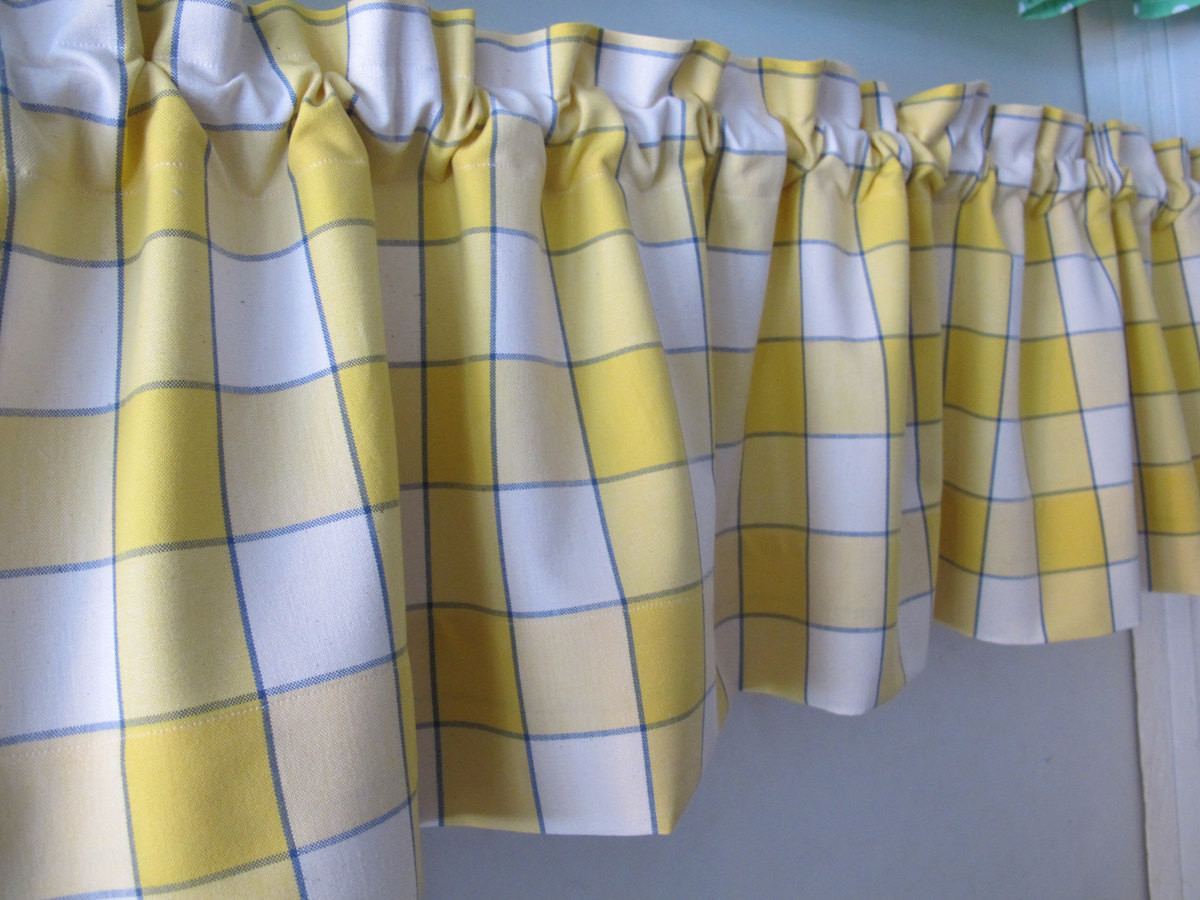 Blue And Yellow Kitchen Curtains
 Blue Yellow Window Pane Plaid Valance Whimsical Kitchen