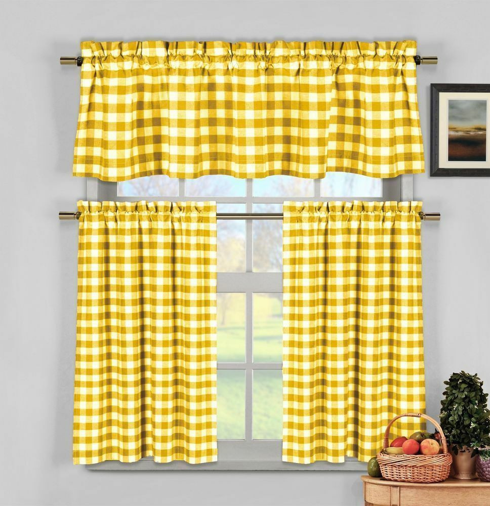 Blue And Yellow Kitchen Curtains
 Yellow Gingham Checkered Plaid Kitchen Tier Curtain