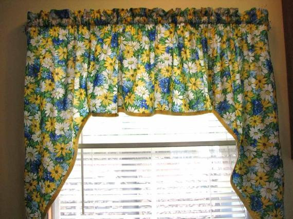 Blue And Yellow Kitchen Curtains
 Kitchen Window Swag Curtain Blue White and Yellow Daisy Print