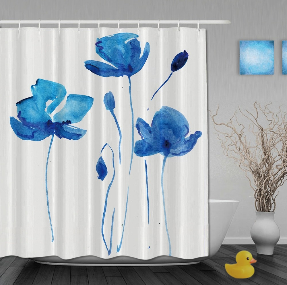 Blue Bathroom Shower Curtains
 Custom Watercolor Blue flower Waterproof Polyester Shower