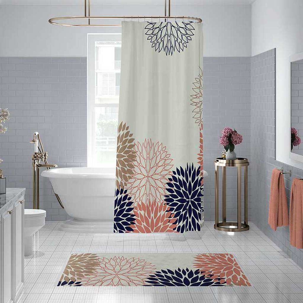 Blue Bathroom Shower Curtains
 Chrysanthemum Shower Curtain and Bath Mat in Blue and Pink