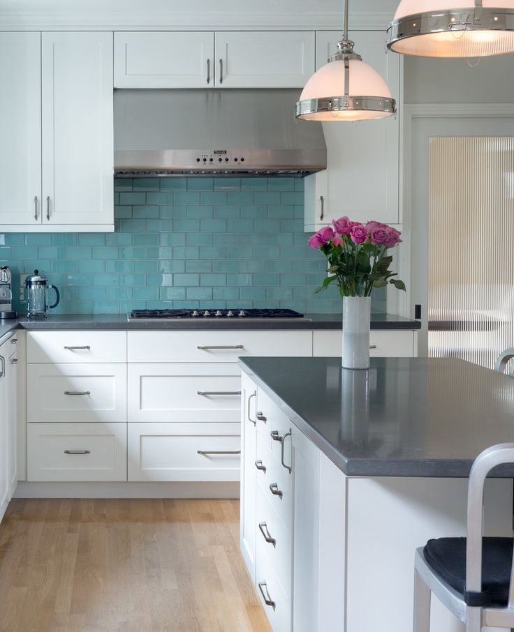 Blue Grey Kitchen Backsplash
 Kitchen with white cabinets gray countertops turquoise