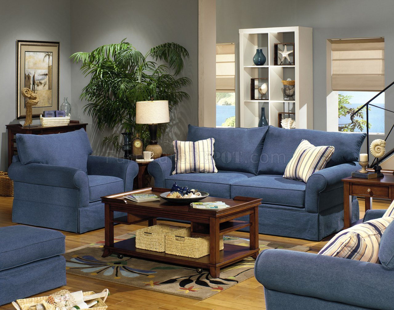 Blue Living Room Chairs
 Blue Denim Fabric Modern Sofa & Loveseat Set w Options