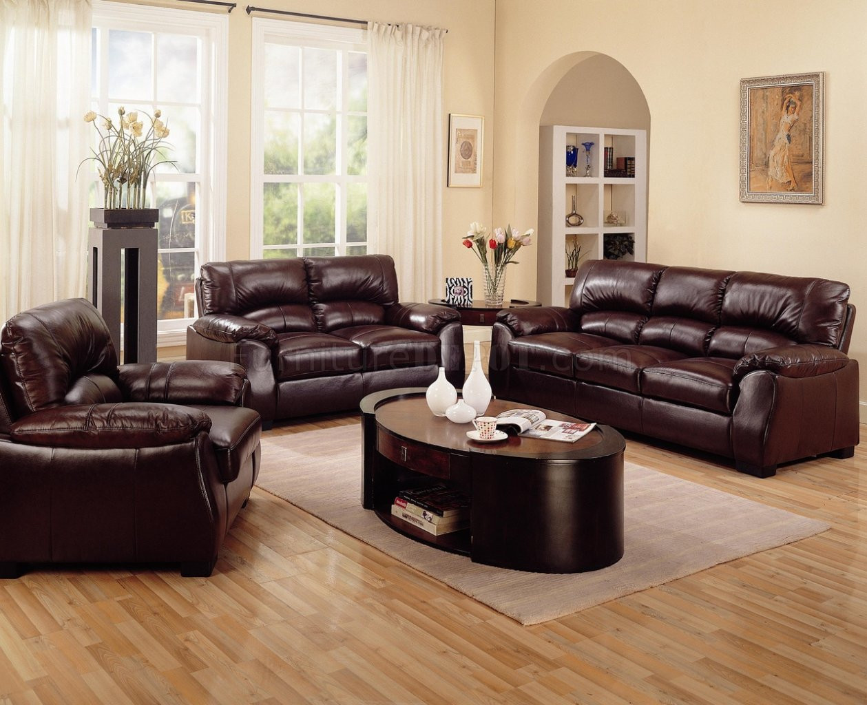 Brown Furniture Living Room Ideas
 Rich Brown Leather Match Contemporary Living Room Sofa w