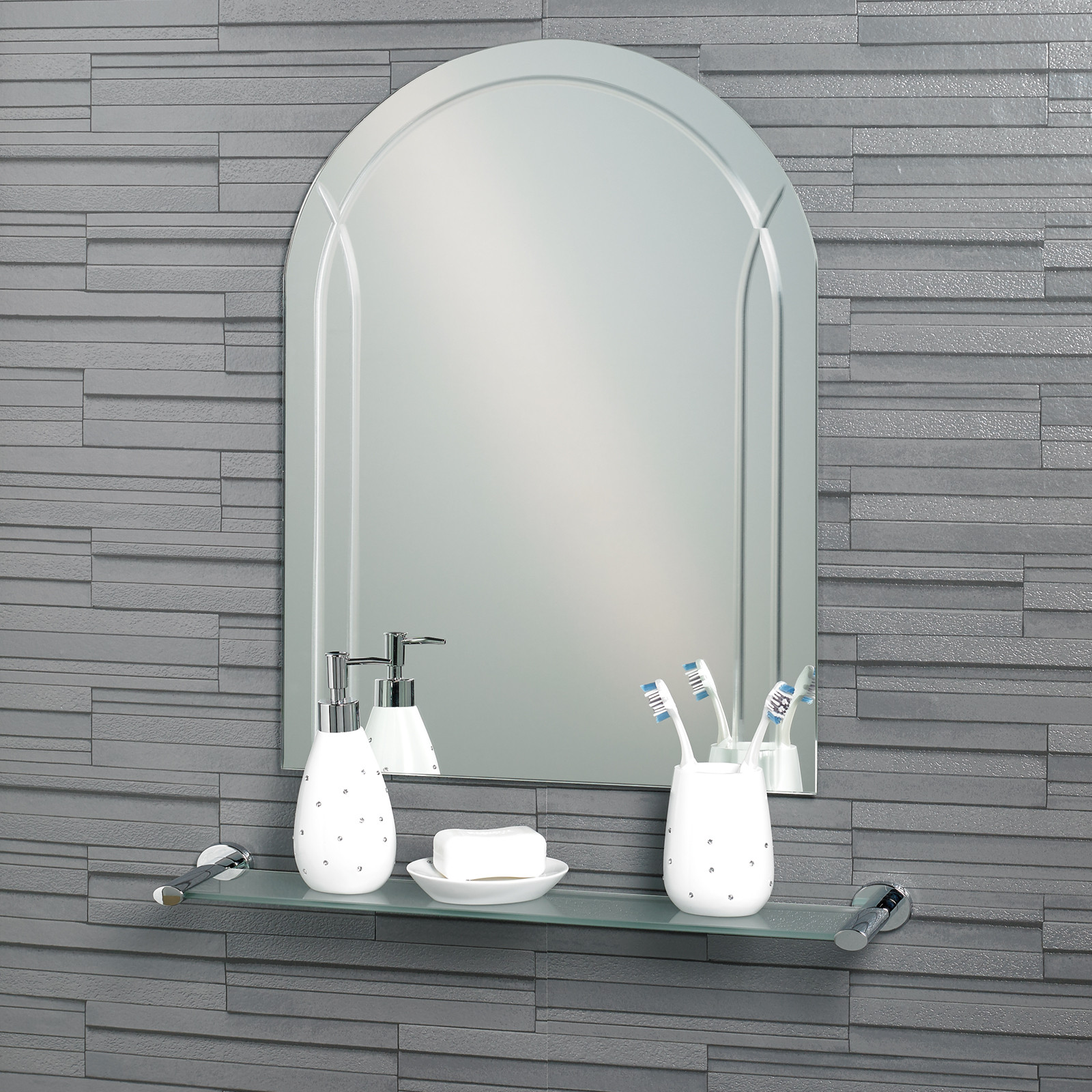 Buy Bathroom Mirror
 Buy Frameless Diamond Cut Arch "Soho" Bathroom Mirror