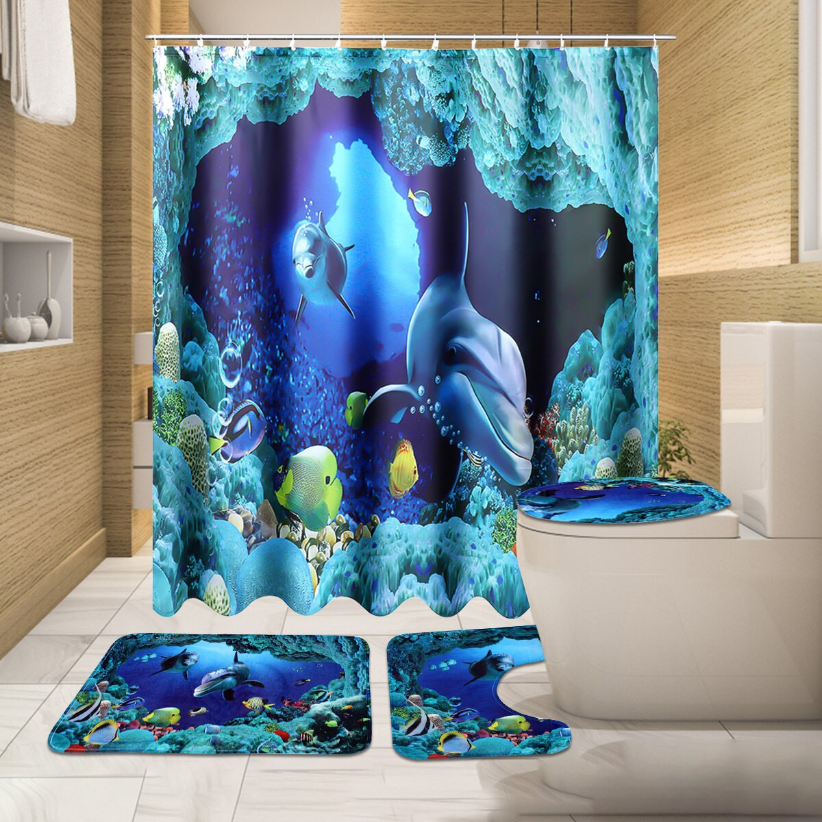 Children'S Bathroom Shower Curtains
 Blue Ocean Dolphin Bathroom Shower Curtain Waterproof Bath