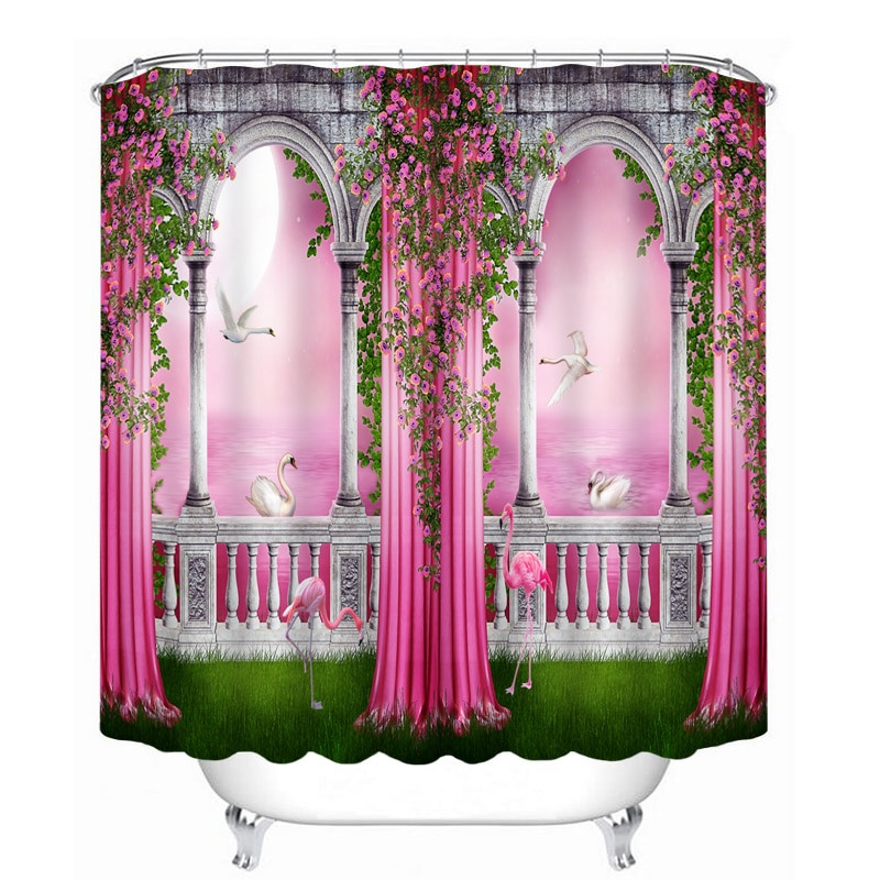 Children'S Bathroom Shower Curtains
 3D View Shower Curtains Fairy Tale World Swan and Flamingo