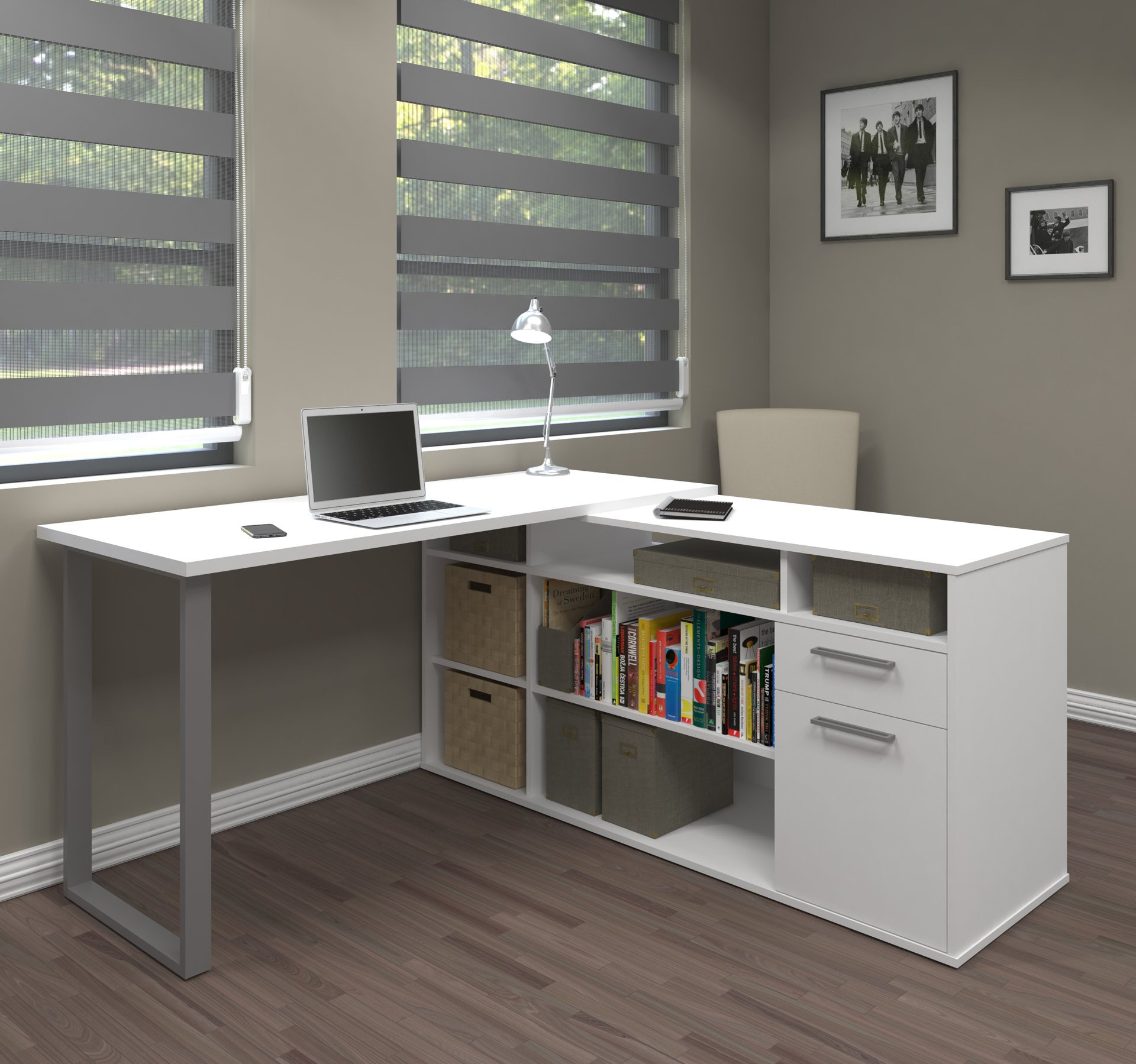 Children'S Desk With Storage
 Integrated Modern White L Shaped Desk with Gray Accent Leg
