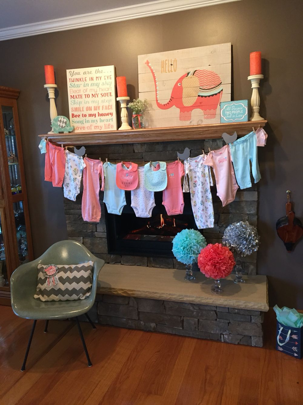 Coral Baby Shower Decor
 Baby shower mantel decorations coral and mint clothes
