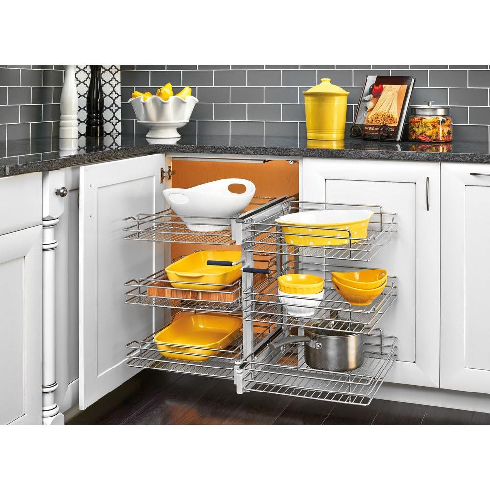 Corner Kitchen Cabinet Organization
 Rev A Shelf 18 in Corner Cabinet Pull Out Chrome 3 Tier