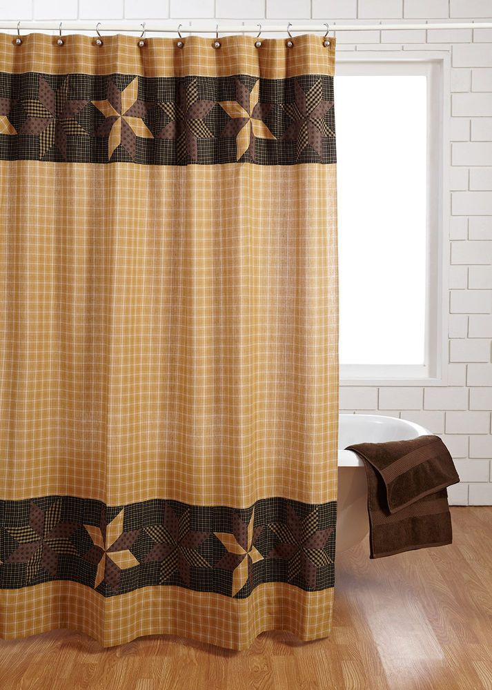 Country Bathroom Shower Curtains
 AMHERST Shower Curtain Primitive Black Gold Brown Tan Star