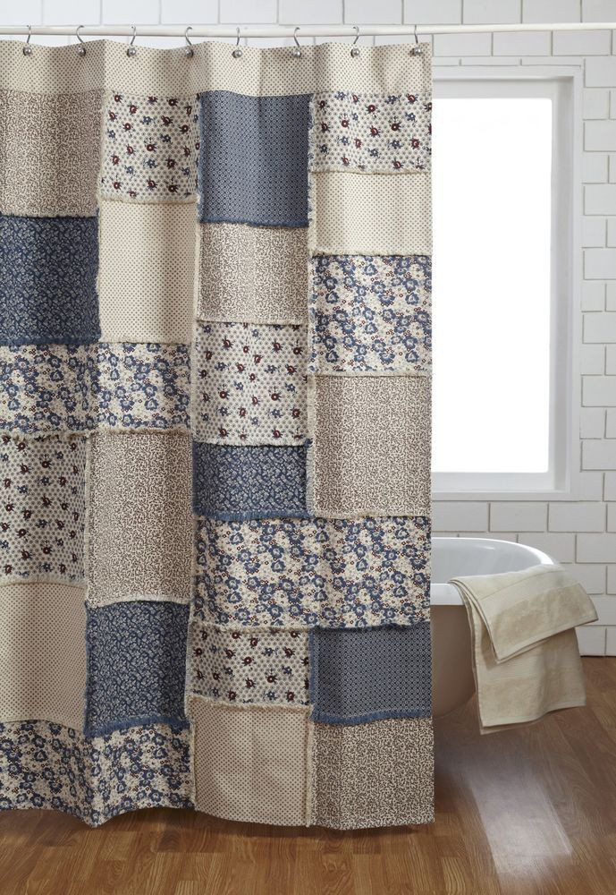 Country Bathroom Shower Curtains
 Millie Patchwork Canvas Blue Print Country Bath Shower