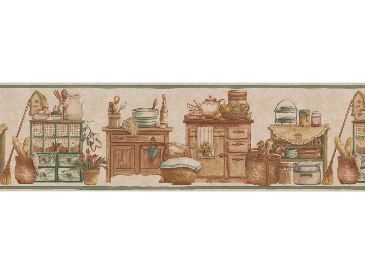 Country Kitchen Wall Paper
 Cream Green Countrystyle Kitchen Wallpaper Border