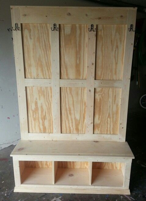 Diy Hall Tree Storage Bench
 Unpainted wooden Hall Tree that my husband built =