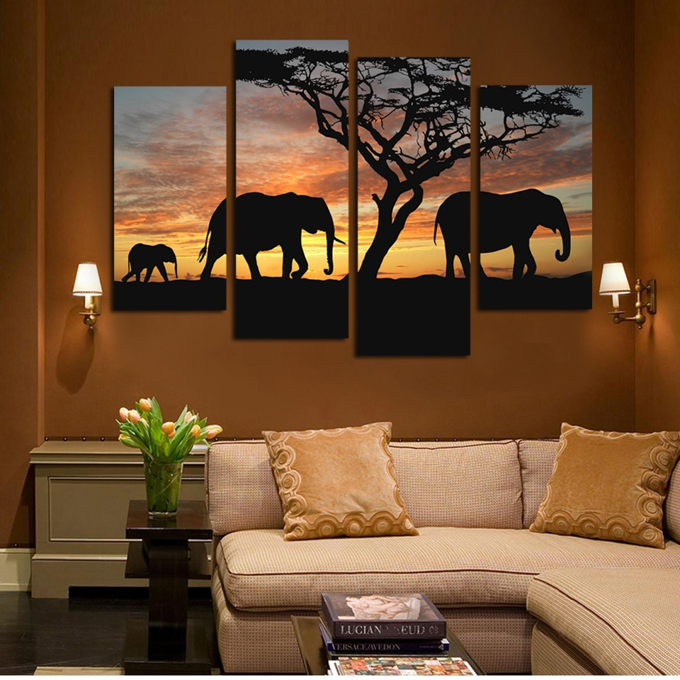 Elephant Decor For Living Room
 4 piece canvas art new Promotion Fallout Sunset Elephant