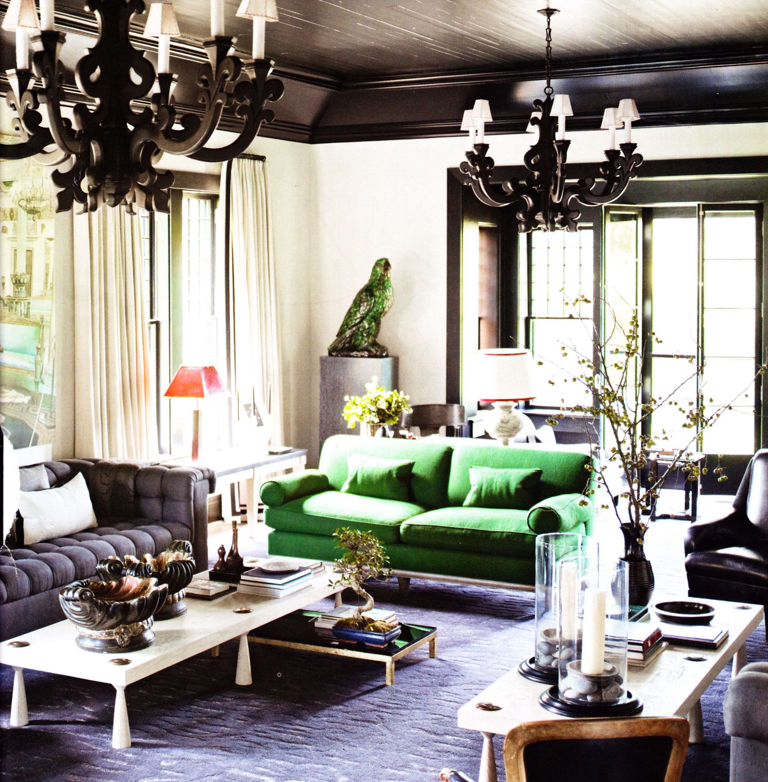 Elle Decor Living Room
 black ceiling black ornate pendents green sofa living room