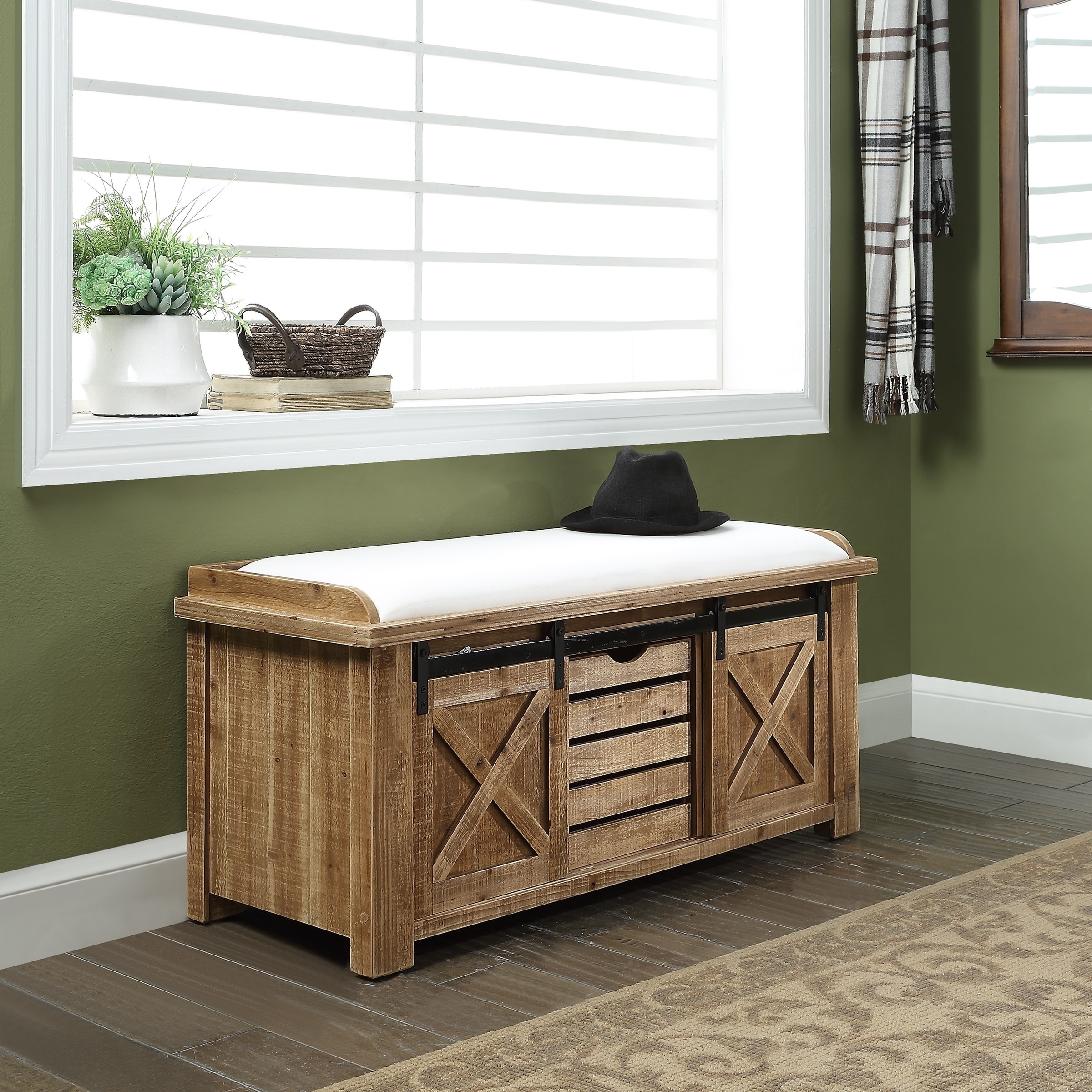 Farmhouse Bench With Storage
 Storage Bench Sliding Rustic Barn Doors Home Furniture