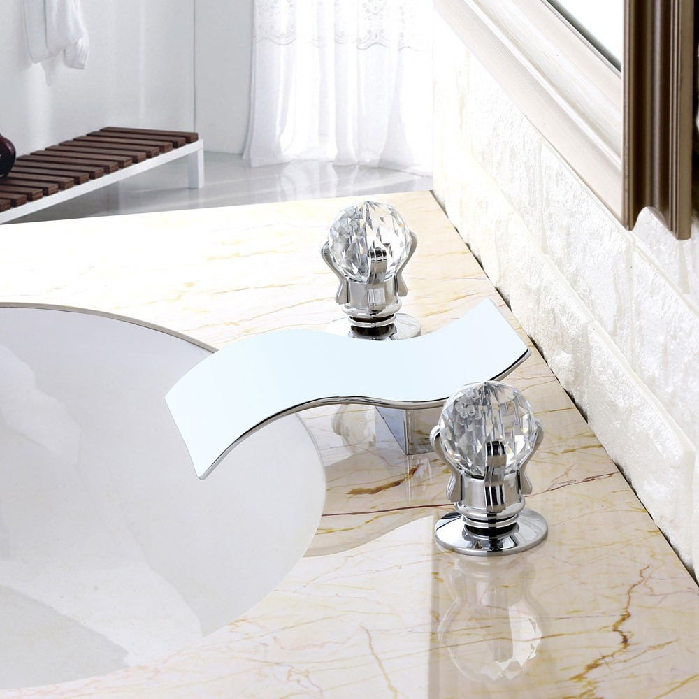 Faucets For Bathroom Sinks
 Modern Deck Mount Widespread Waterfall 2 Crystal Handle