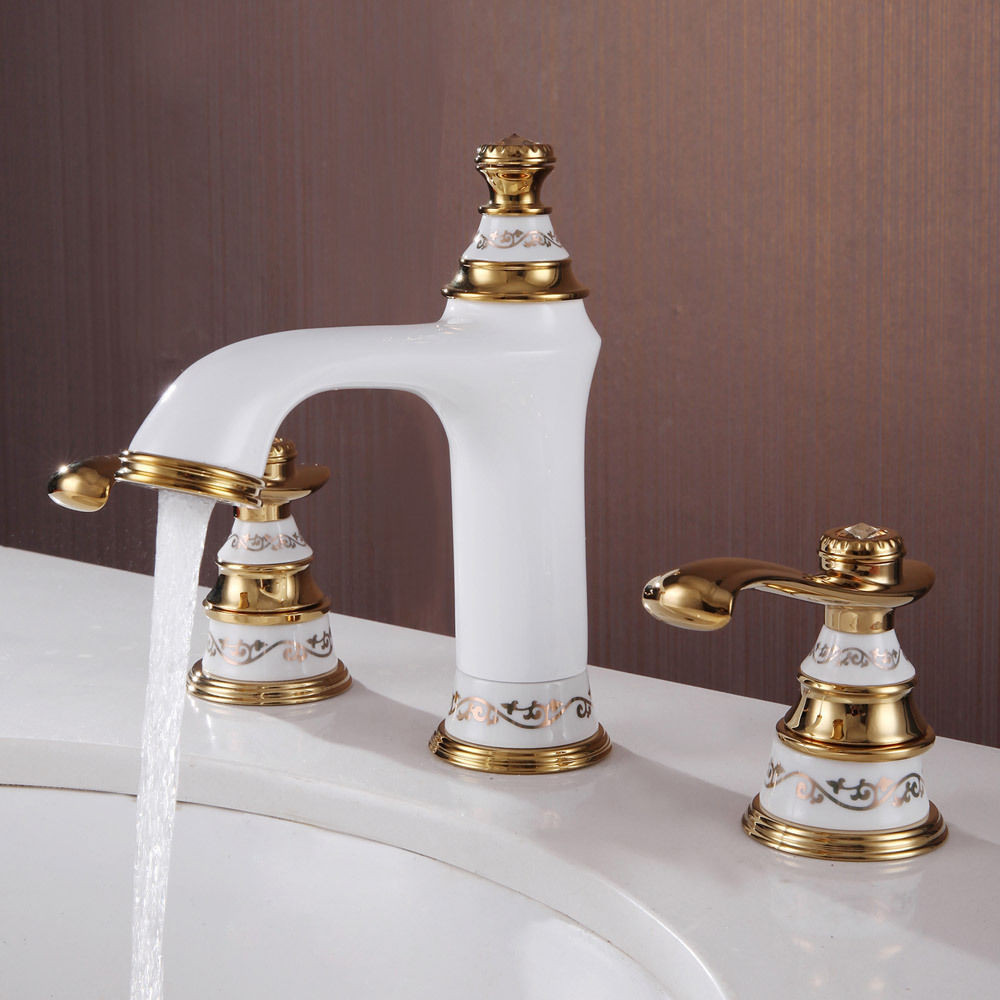 Faucets For Bathroom Sinks
 Free shipping white & gold 8" WIDESPREAD LAVATORY BATHROOM